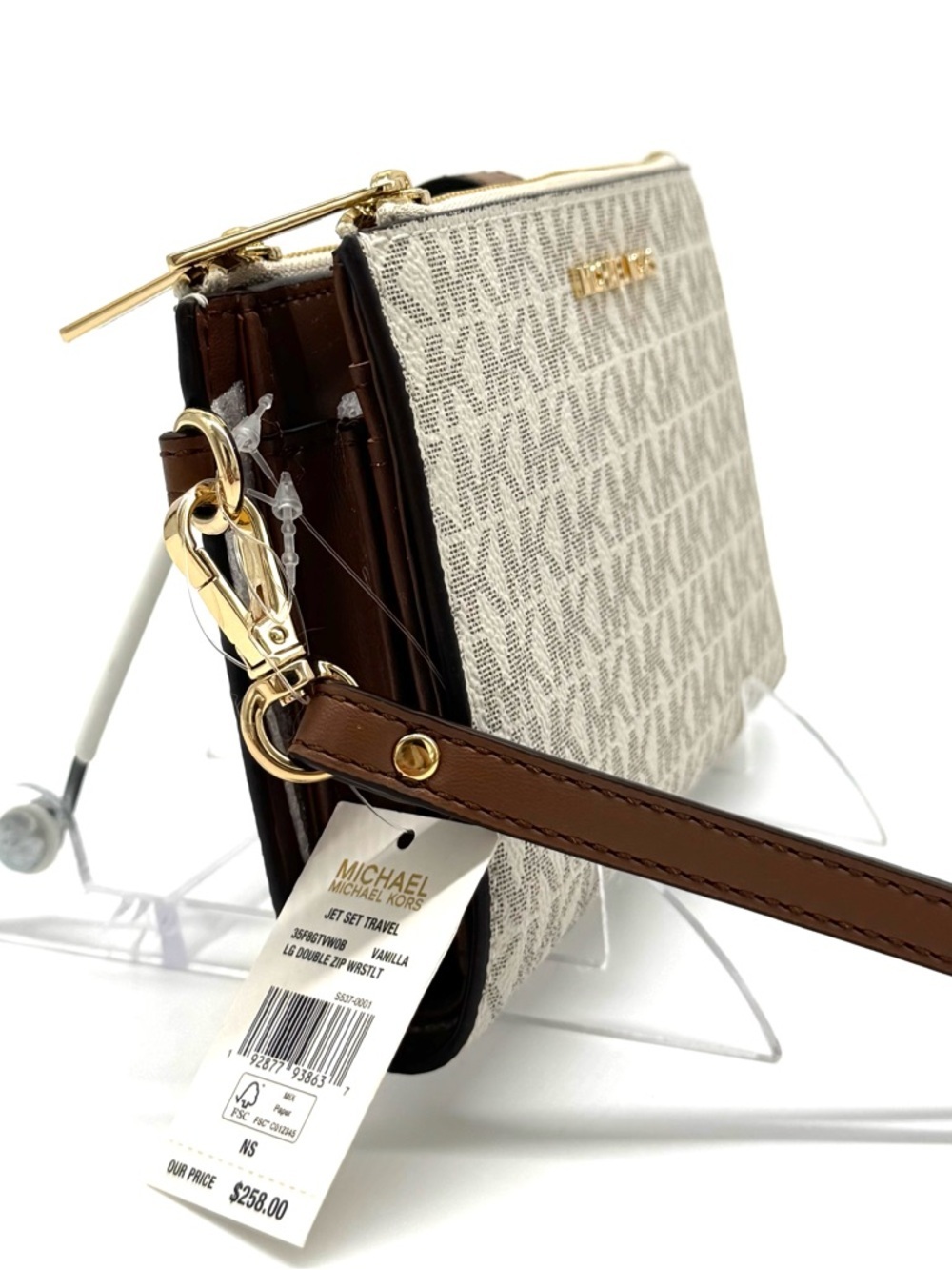 Michael Kors Large Double Zip Wallet Wristlet Vanilla/Brown - Picture 4 of 9
